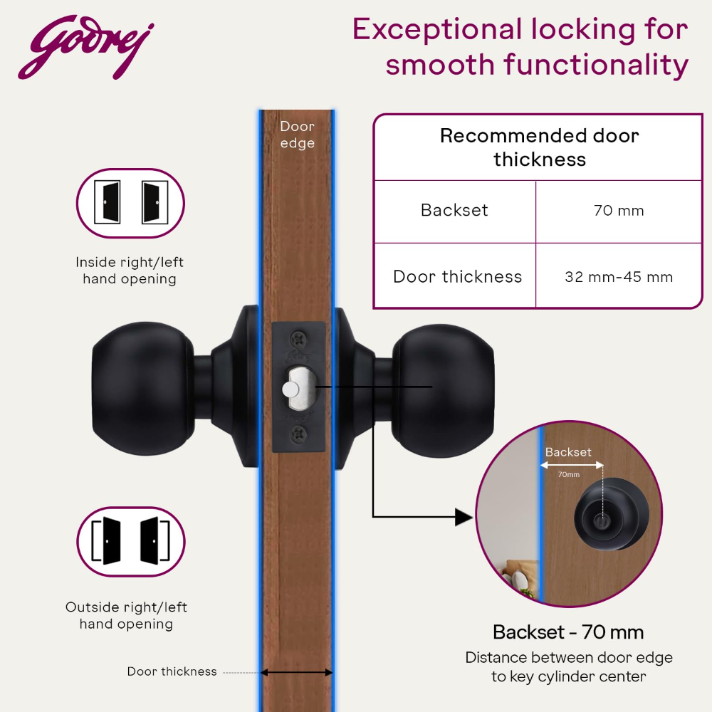 Godrej Cylinder Lock | Single Panel Door Lock | Suitable for Bedroom Doors  and Inter-Connected Doors for Commercial Space | Keyped | Matte Black Finish | Door Thickness 32mm to 45mm | 5 Years Warranty